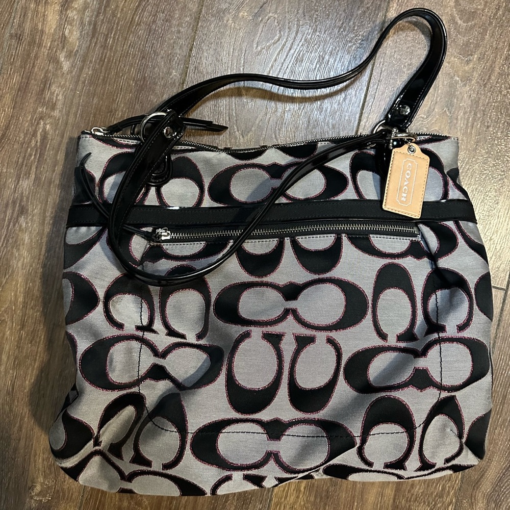 Coach Poppy Black & Silver Canvas Shoulder Tote Bag